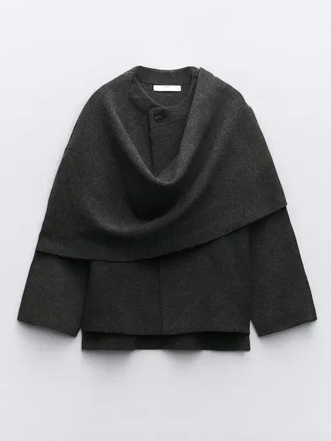 Street-Wave Knit Cape Jacket With Scarf For Women Warm Elegant Cozy Autumn Style Chic