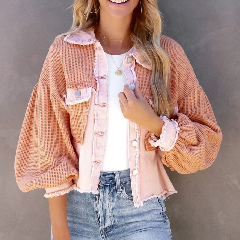 Street-wave Cropped Puff Sleeve Jacket For Women - Unique Mixed Materials Trendy Outerwear