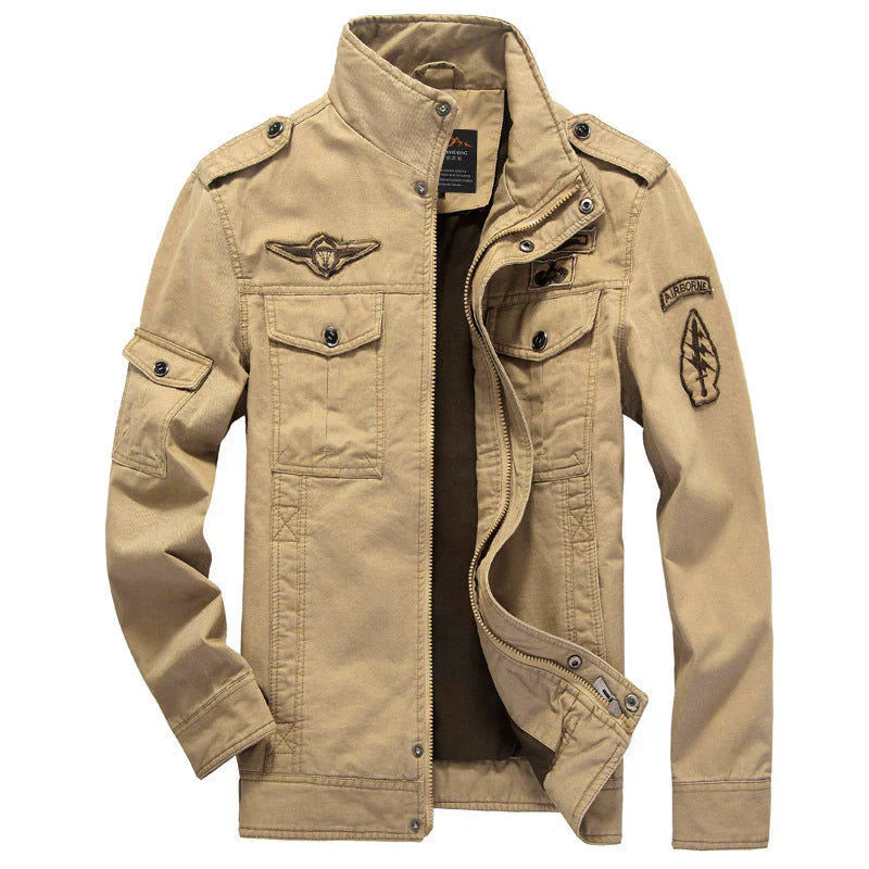 Mens Cargo Jacket Structured Fit Cotton Field Coat With Stand Collar And Utility Pockets
