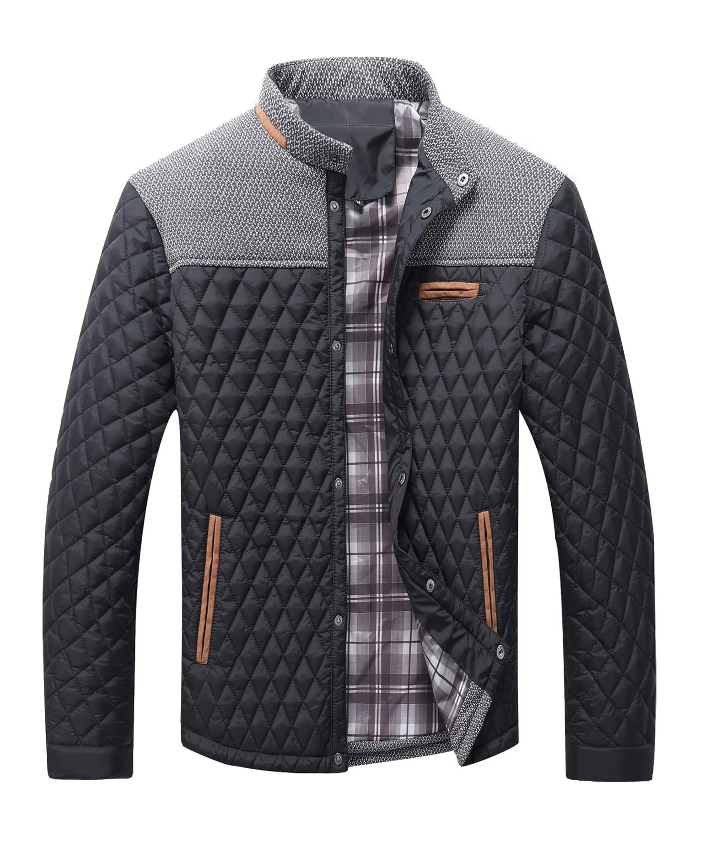 Street-Wave Men's Diamond Quilted Lightweight Bomber Jacket Overshirt With Contrast Grey Yoke And Pockets