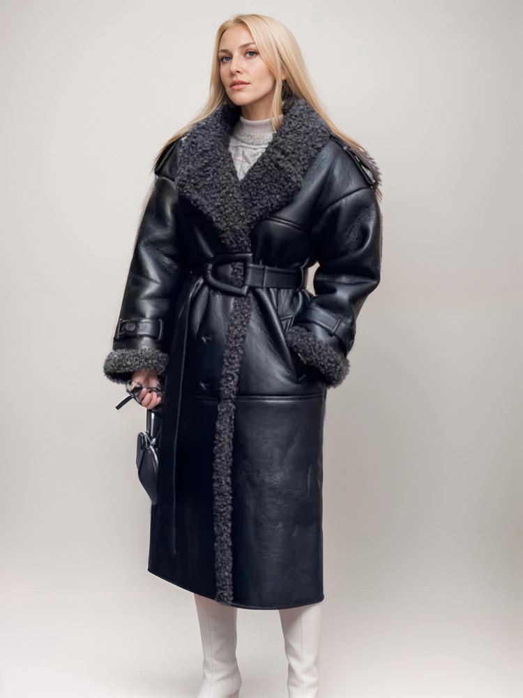 Streetwave Faux Leather And Fur Trim Long Coat With Belt For Women Warm And Statement Premium Style