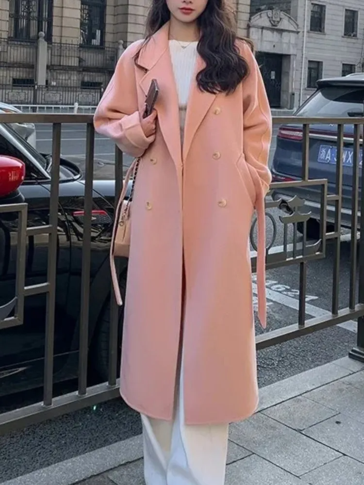 Street Wave Wool Blend Long Coat For Women Loose Fit Double Breasted With Belt Timeless City Style