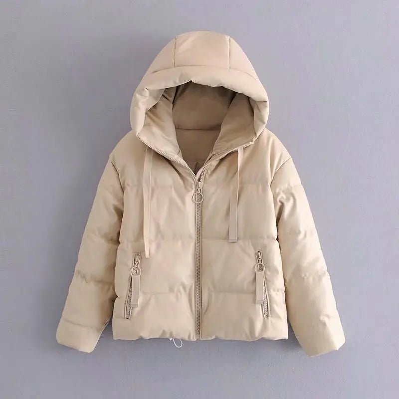 Street Wave Faux Leather Parka Jacket For Women Warm Padded Coat With Zippered Pockets