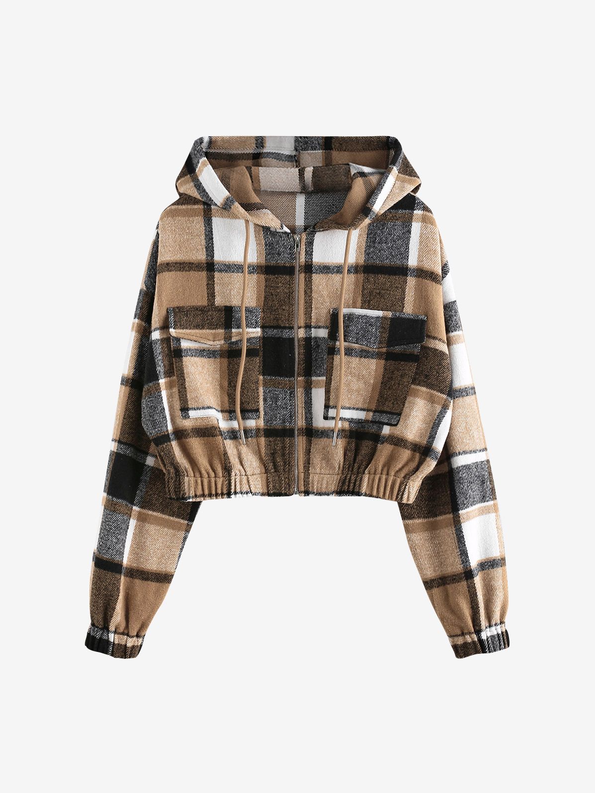 Street-wave Women Plaid Hoodie Jacket Cropped Fit With Front Pockets Cozy Winter Warmth