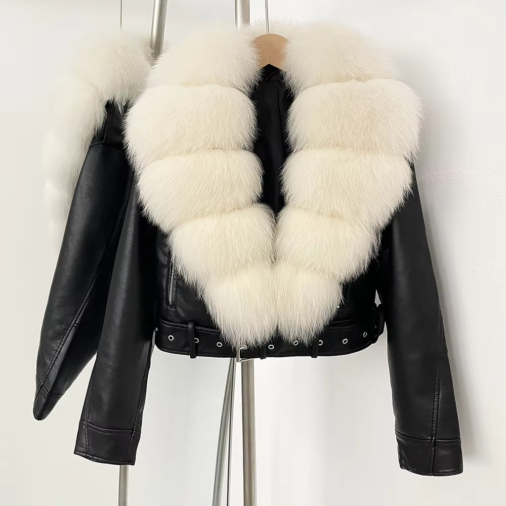 Women's Faux Leather Coat with Faux Fur Collar — Elegant Warmth for the Cold Season
