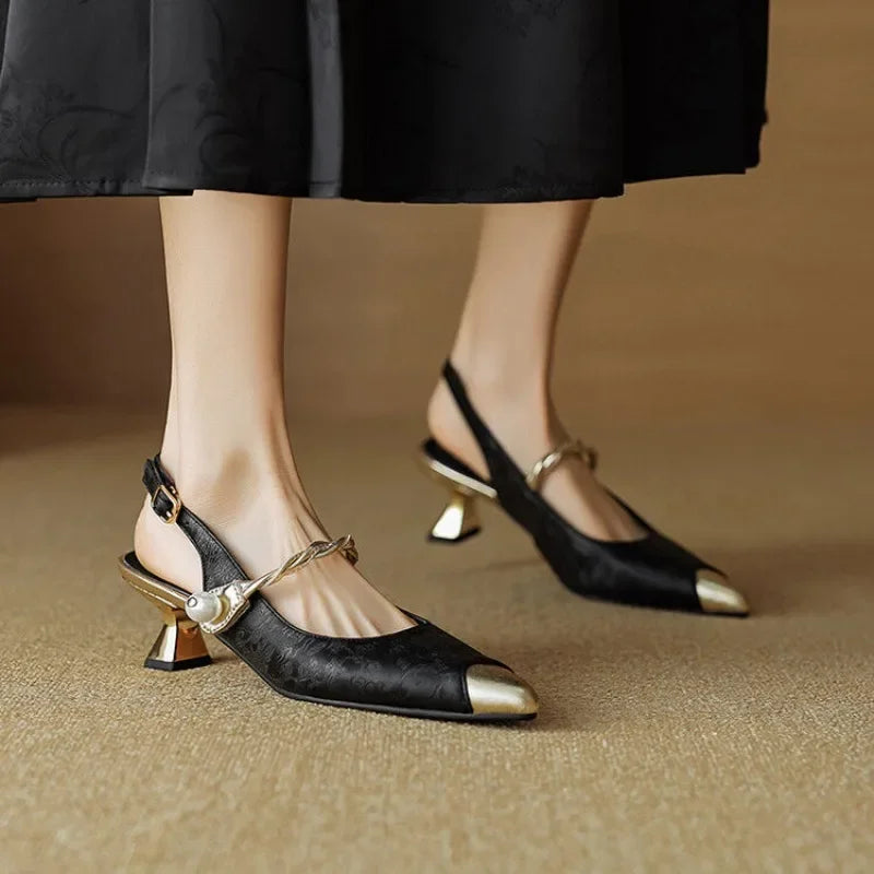 Women's Slingback Kitten Heels with Pearl Strap and Pointed Toe