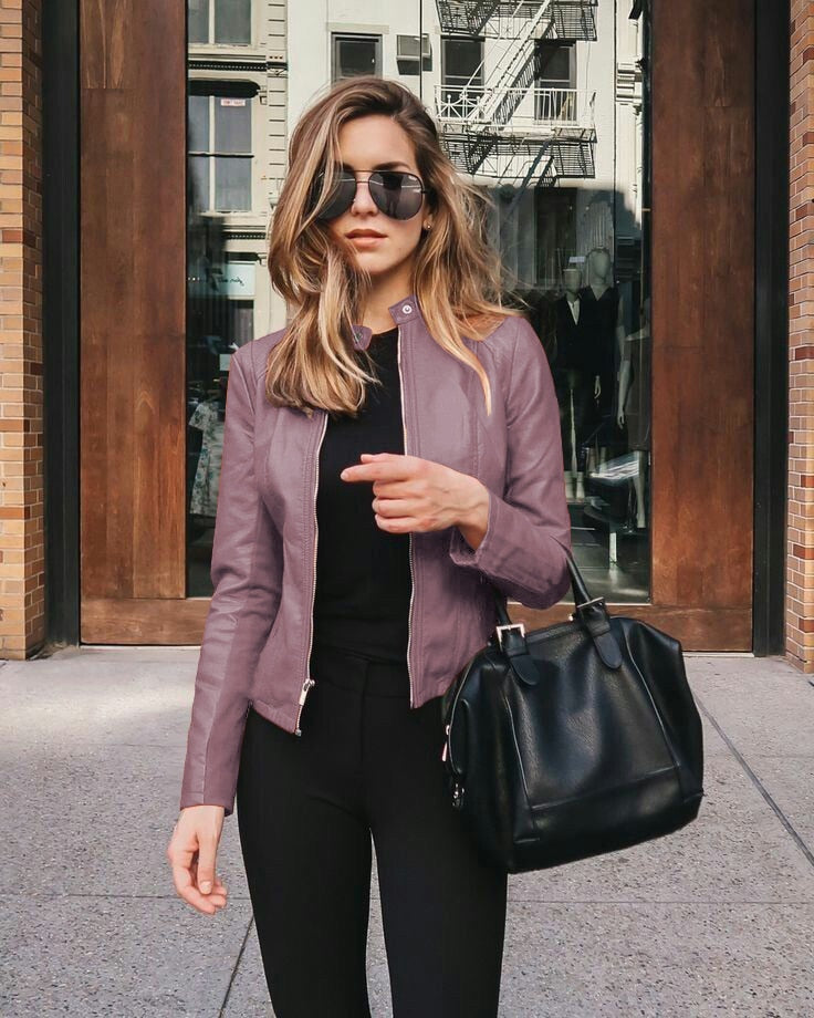 Street-wave Women Slim Fit Leather Jacket With Stand Collar For Urban Chic Minimalist Style