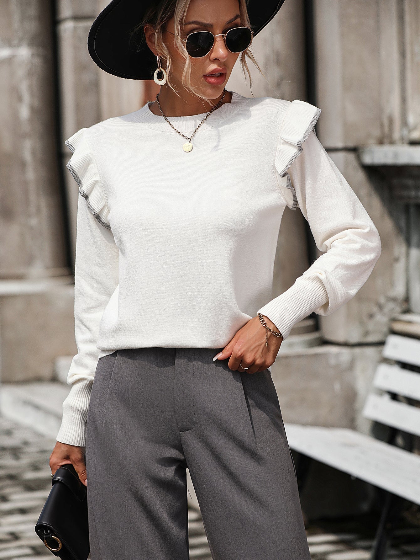 Street Wave Pink Knit Pullover For Women Cozy Warm Ruffle Shoulders Sweater Easy Care Fashion Favorite