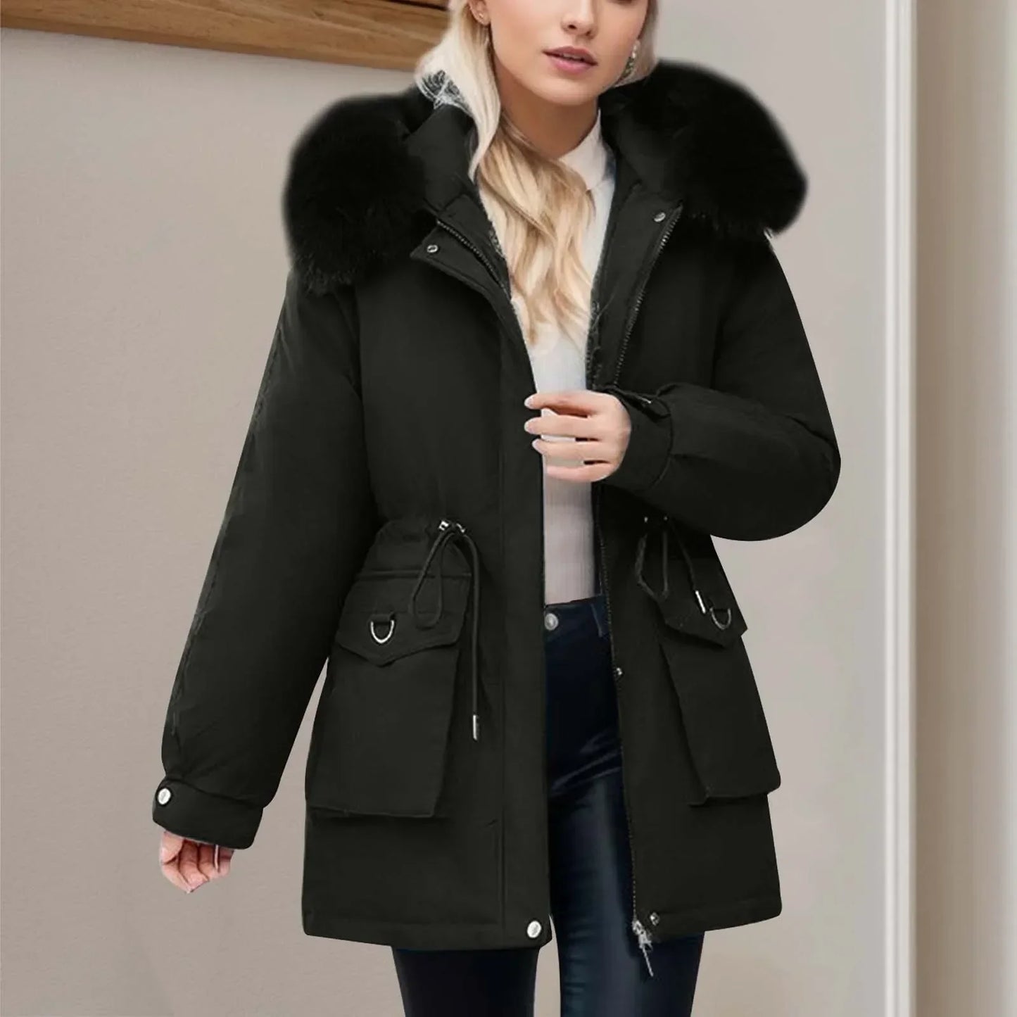 Street-Wave Women Warm Winter Windbreaker With Hood Full Zip Waist Cinch And Front Pockets