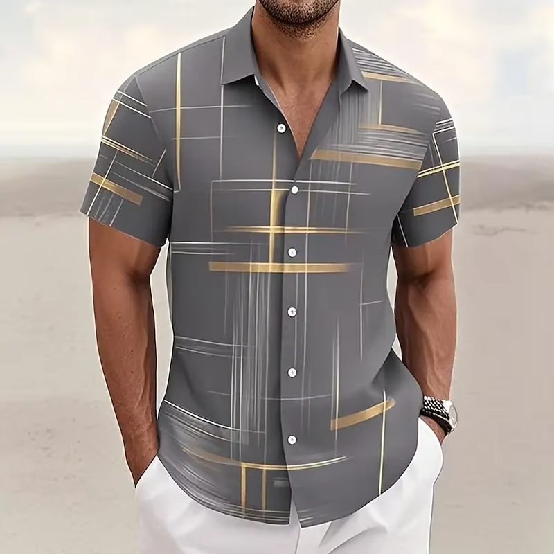 Street-Wave Men's 3D Geometric Plaid Short Sleeve Button Down Shirt For Modern Casual Style