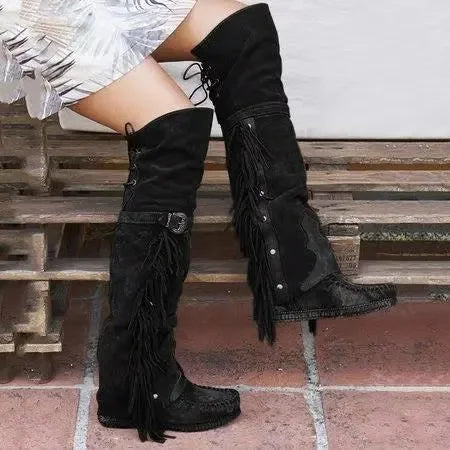 Street-wave Knee High Boots With Fringe And Adjustable Shaft Details For Fashionable Women