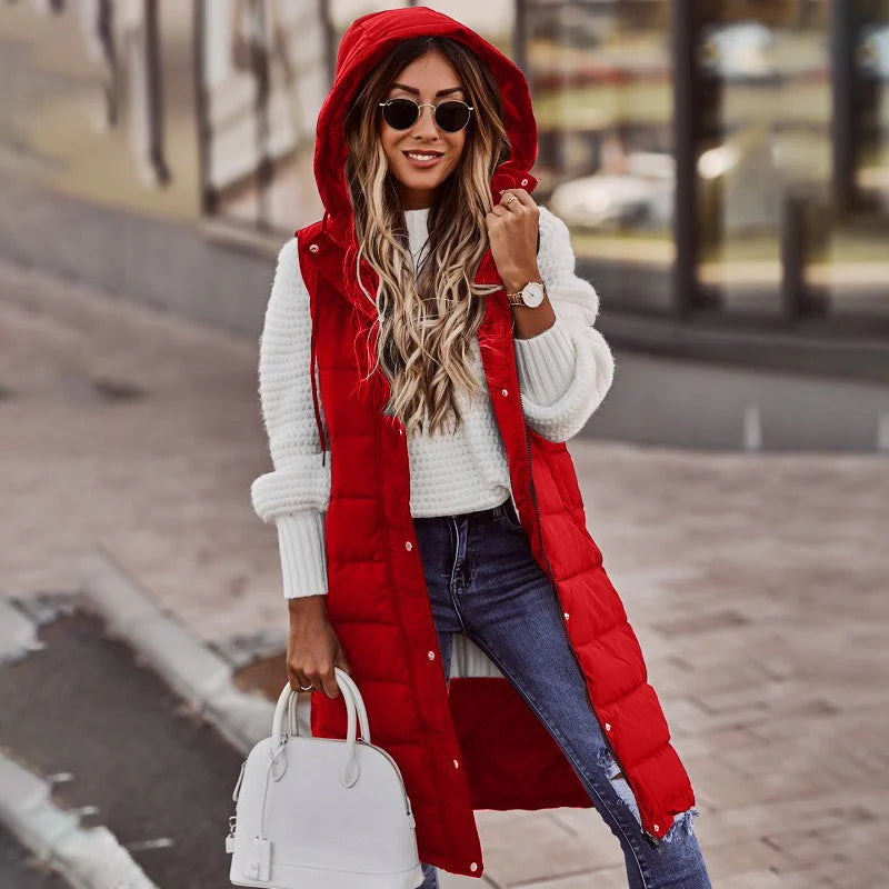 Streetwave Puffer Vest With Hood For Women Cozy Warm Longline Polyester Coat Trendy