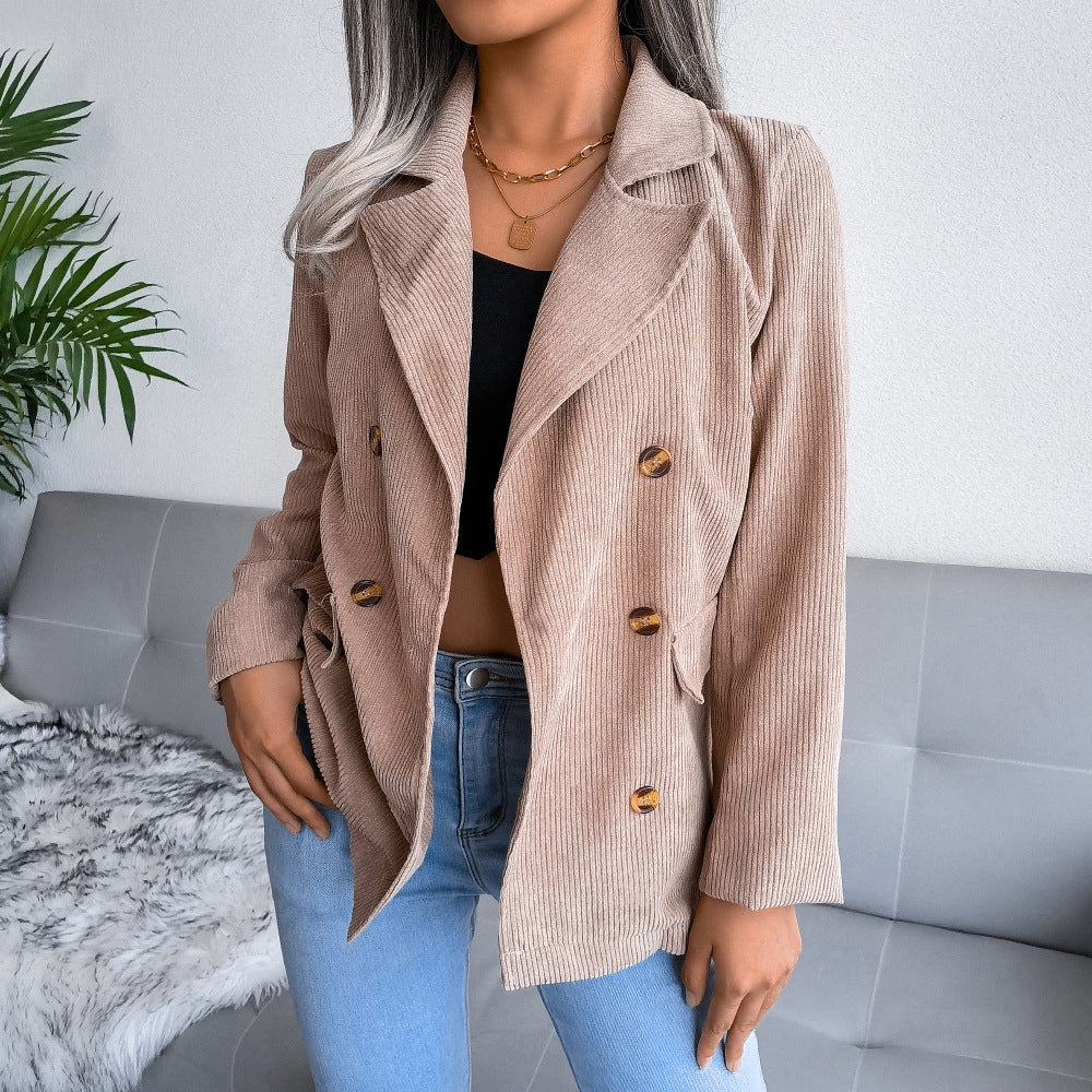 Street-wave Double Breasted Blazer For Women Corduroy Texture Timeless Style Gold Buttons Versatile