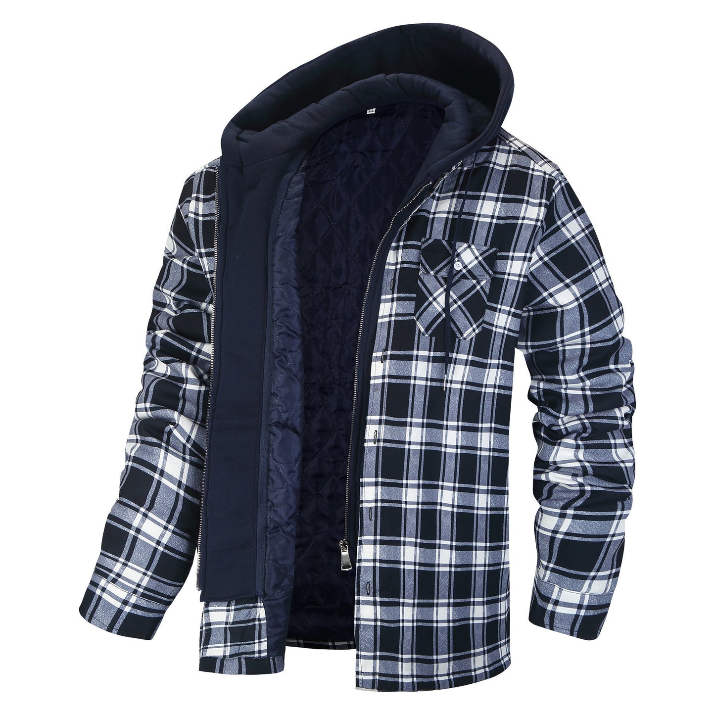 Street Wave Premium Hooded Jacket For Men Plaid Blue Check With Quilted Lining And Front Pockets