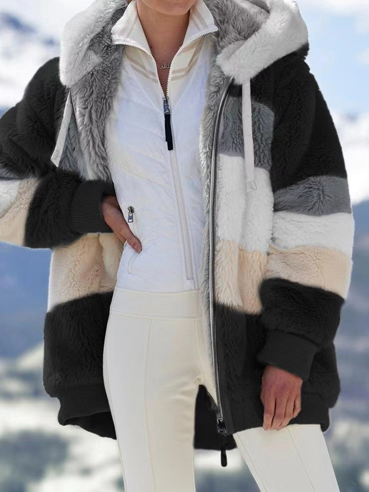 Streetwave Hooded Teddy Jacket For Women Soft Knit Faux Fur Warm Colorblock Coat With Cozy Comfort