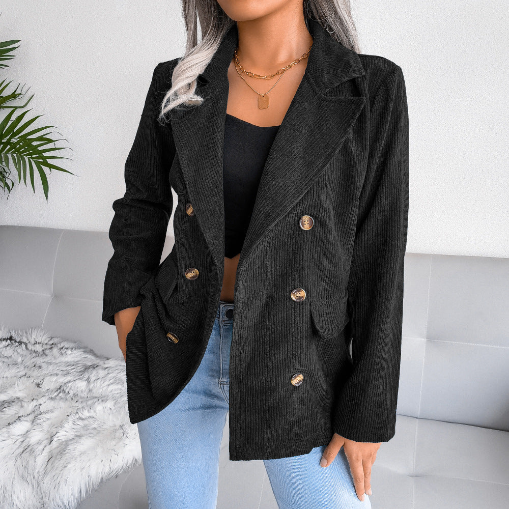 Street-wave Double Breasted Blazer For Women Corduroy Texture Timeless Style Gold Buttons Versatile