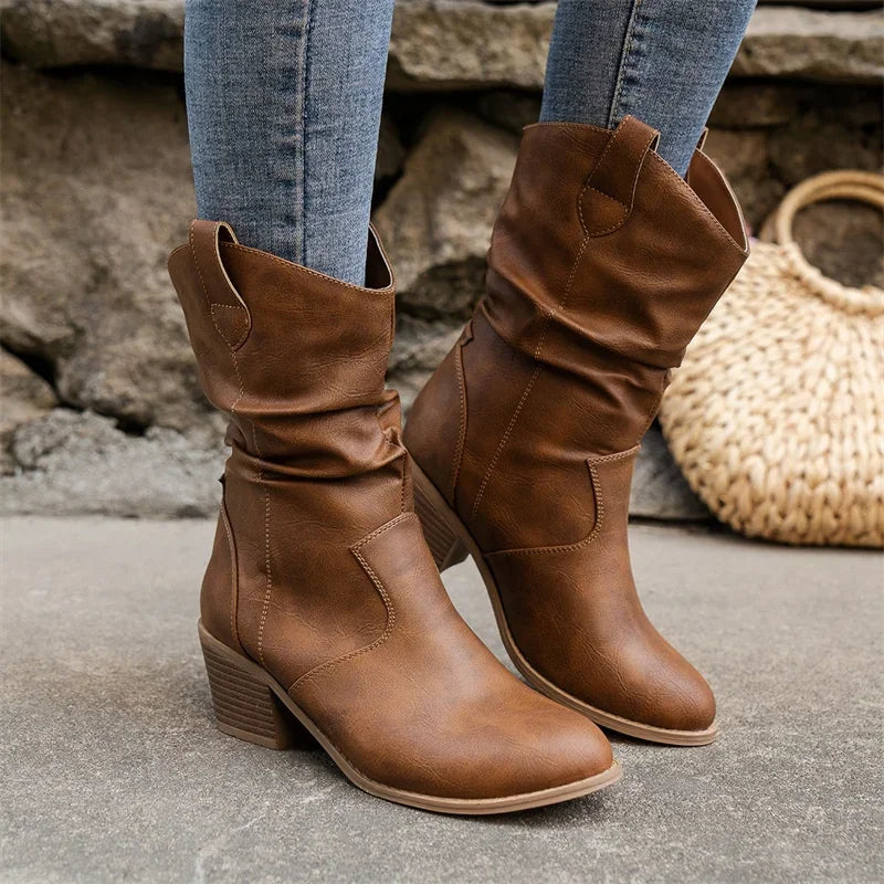 Street-Wave Women's PU Leather Cowboy Ankle Boots Slouchy Shaft Block Heel Western Style