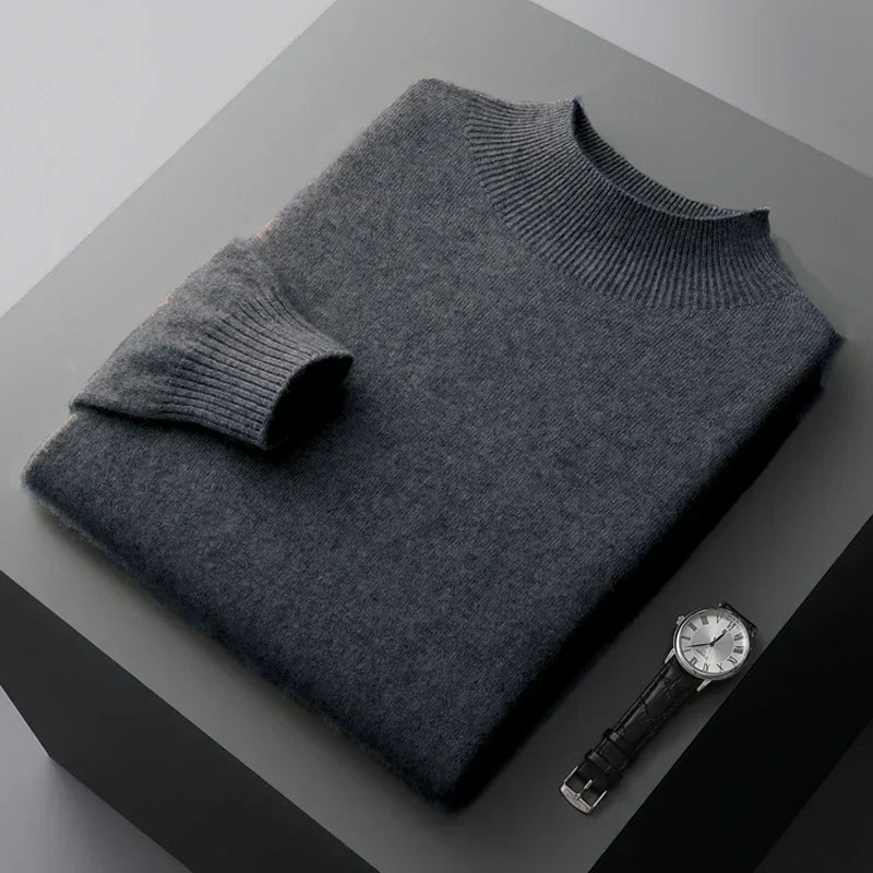 Men's Wool Knit Sweatshirt Regular Fit With Semi Turtleneck And Ribbed Cuffs For Winter Style