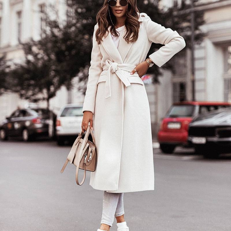 Street-wave Women Belted Wool Winter Coat For Warmth And Classic Long Style For Stylish Ladies
