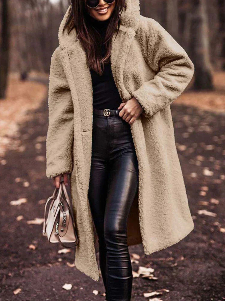 Street Wave Teddy Coat For Women Cozy Warmth Soft Sherpa Texture Elegant Long Coat