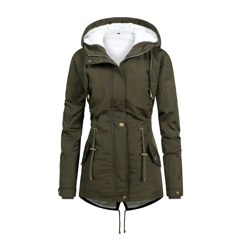 Street Wave Windproof Mid Length Hooded Jacket for Women, Stylish Warm Outerwear with Cozy Lining and Adjustable Hem