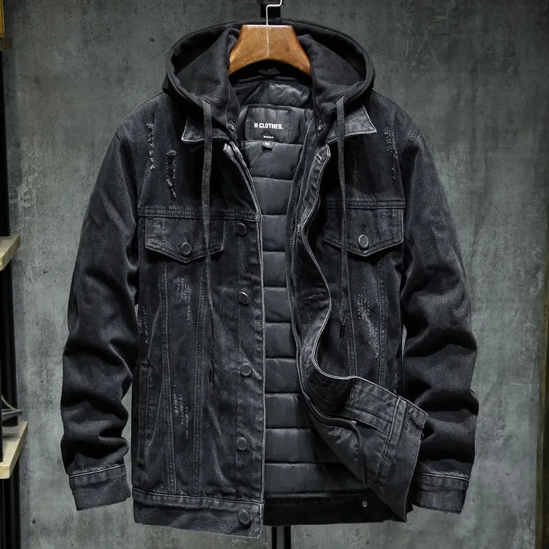 Street-wave Hooded Denim Jacket for Men Eco Friendly Warm Lined Urban Streetwear