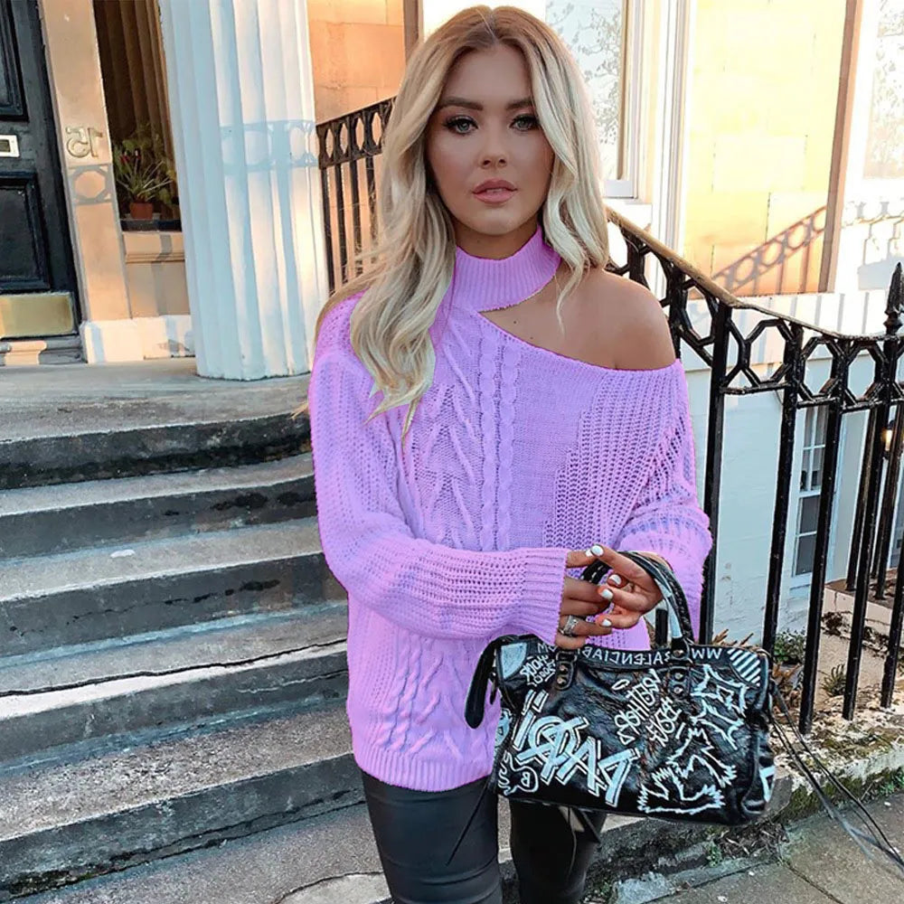 Street-Wave Knitted Off-Shoulder Sweater for Women Cozy Warmth Modern Chic Knit Top