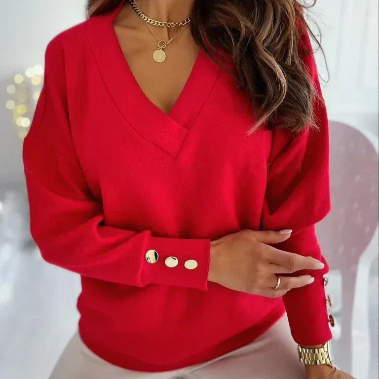 Street-wave Button Detail V-Neck Blouse For Women Elegant Casual Everyday Top For All Occasions