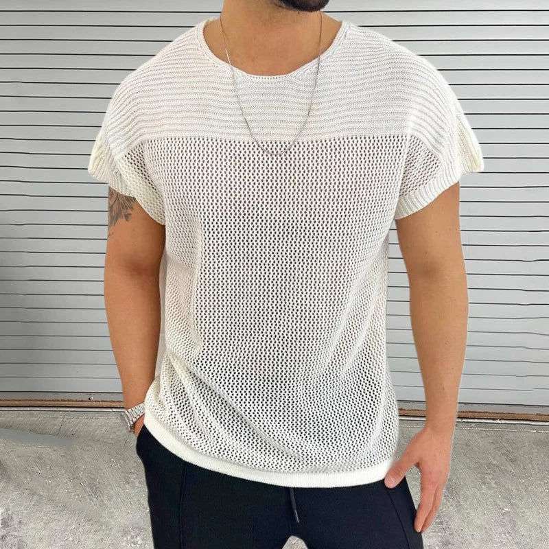 Street-Wave Mesh Vibe O Neck Knit Tee For Men Breathable Lightweight Streetwear Summer Shirt