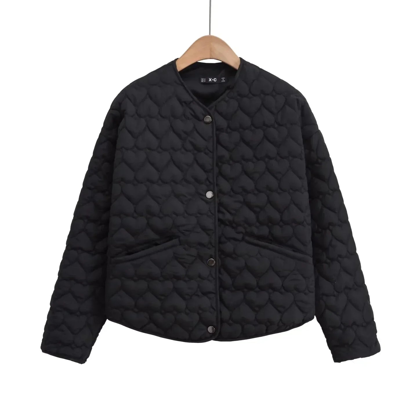 Street-wave Heart Quilted Jacket For Women Lightweight Puffer With Snap Buttons Cozy Modern Heart Pattern