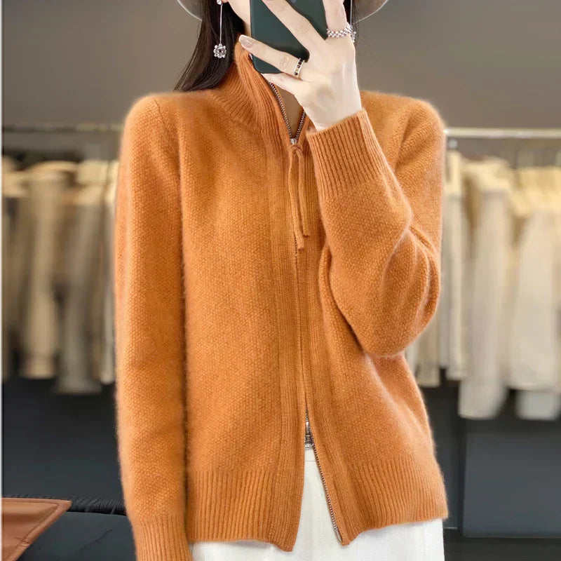 Streetwave Wool Cardigan With Double Zipper And High Collar For Women Soft And Elegant Everyday Wear