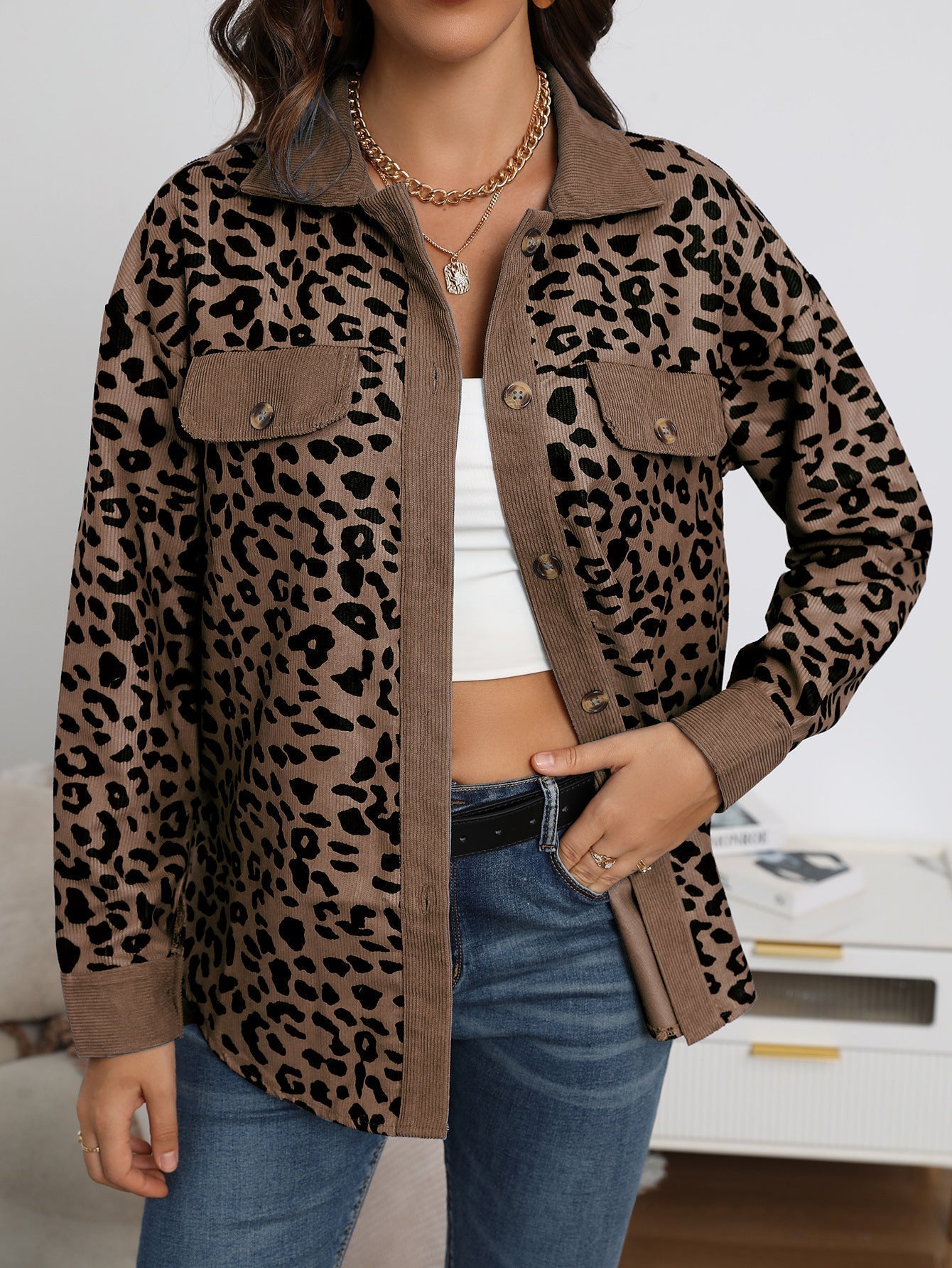 Street-wave Leopard Print Jacket For Women With Beige Corduroy Trim Chic Everyday Outerwear
