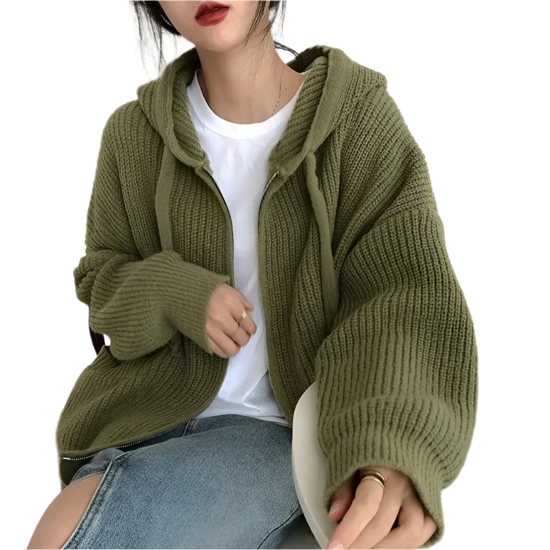 Street-Wave Oversized Knit Hoodie With Zip For Women Relaxed Fit Warm Winter Essential With Front Pockets