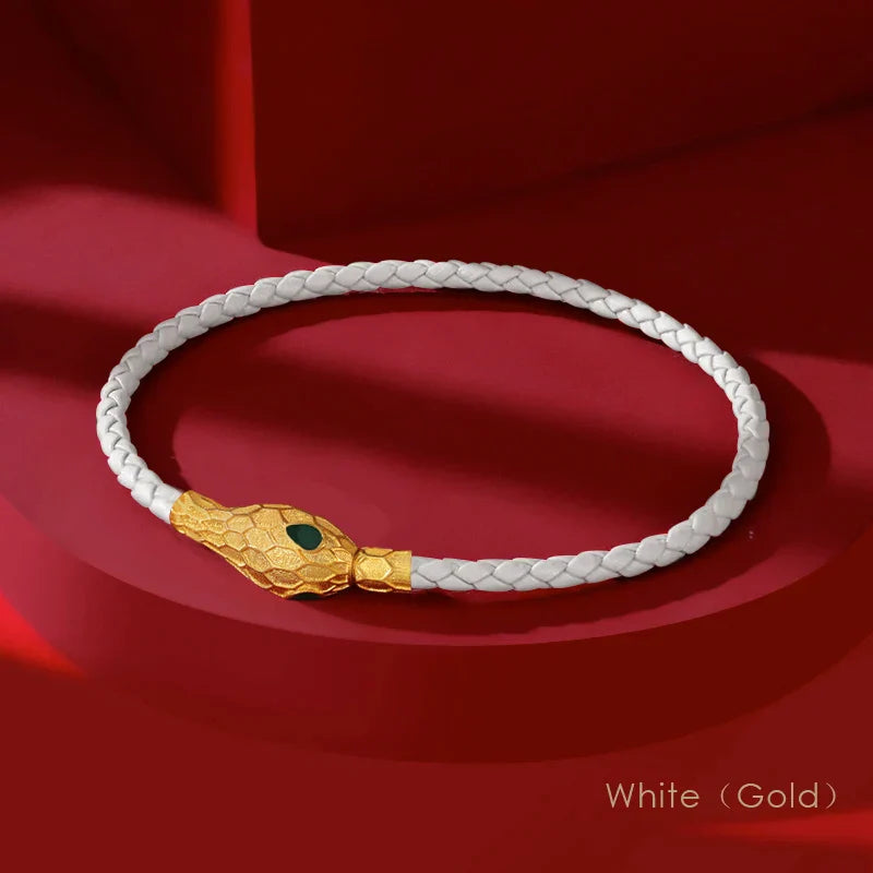 Aspis Viper Handwoven Leather Bracelet with Gold Tinted Serpent Clasp for Men and Women