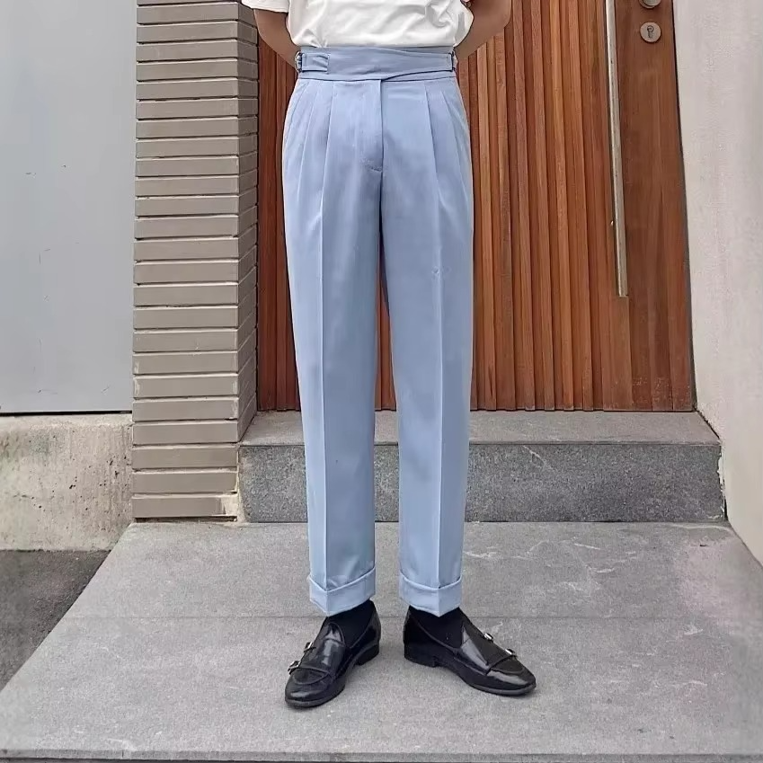 Paris Buckle Men's High Waist Slim Fit Trousers With Pleats Vintage British Business Casual