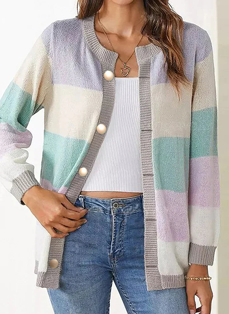 Street-wave Multicolor Striped Cardigan For Women With Pearl Buttons, Cozy Knit Layer