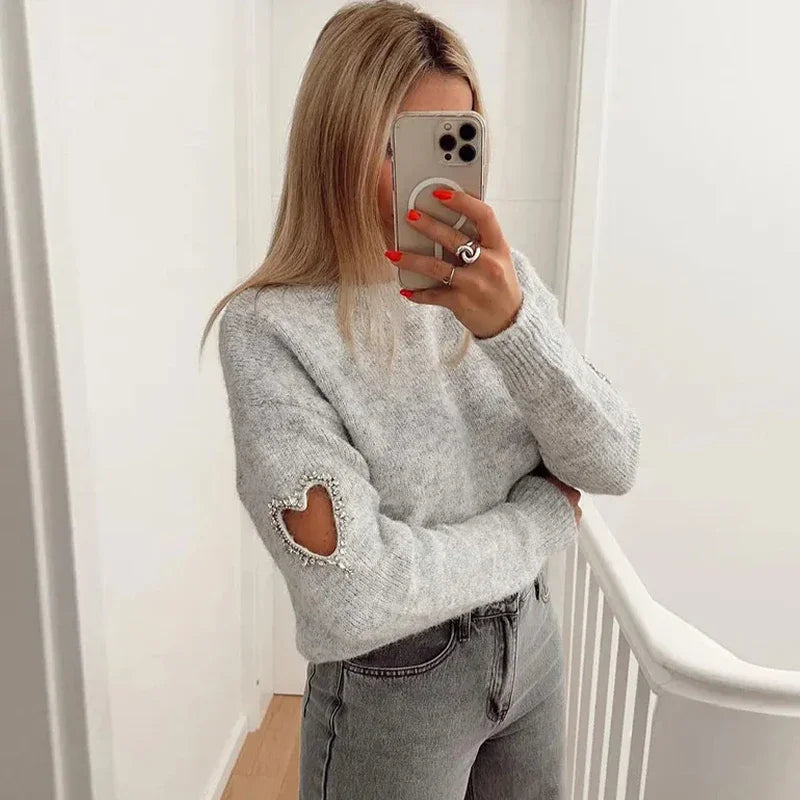 Street-Wave Hollow Heart Cutout Sweater For Women, Cozy Knit With Heart Sleeve Detail