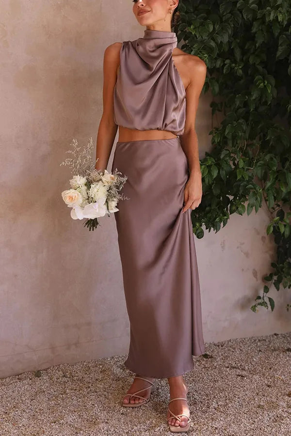 Street Wave Two Piece Satin Summer Set With Draped Sleeveless Blouse And Long Skirt For Women