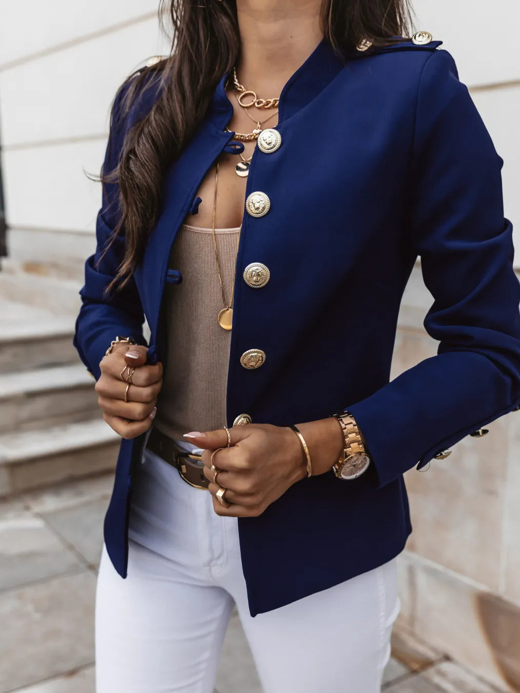 Street-Wave Luxury Blue Jacket For Elegant Women With Gold Button Blazer Premium Comfort And Style