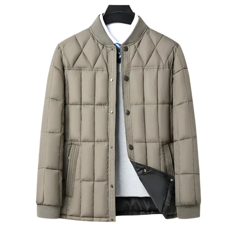 Street-Wave Men Beige Puffer Jacket With Geometric Stitching For Warmth And Lightweight Style