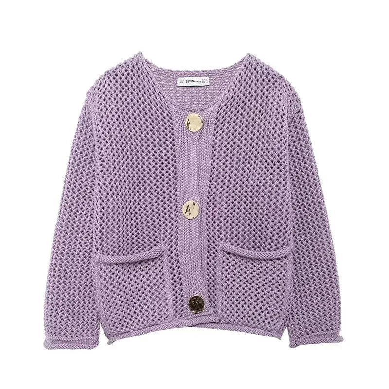 Street-wave Mesh Knit Cardigan With Front Pockets Gold Buttons Airy Chic Layer For Women