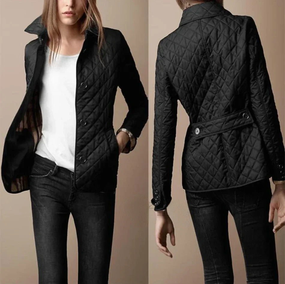 Street-wave Women's Quilted Jacket With Plaid Pattern Notched Lapel And Button Front For Stylish Fall