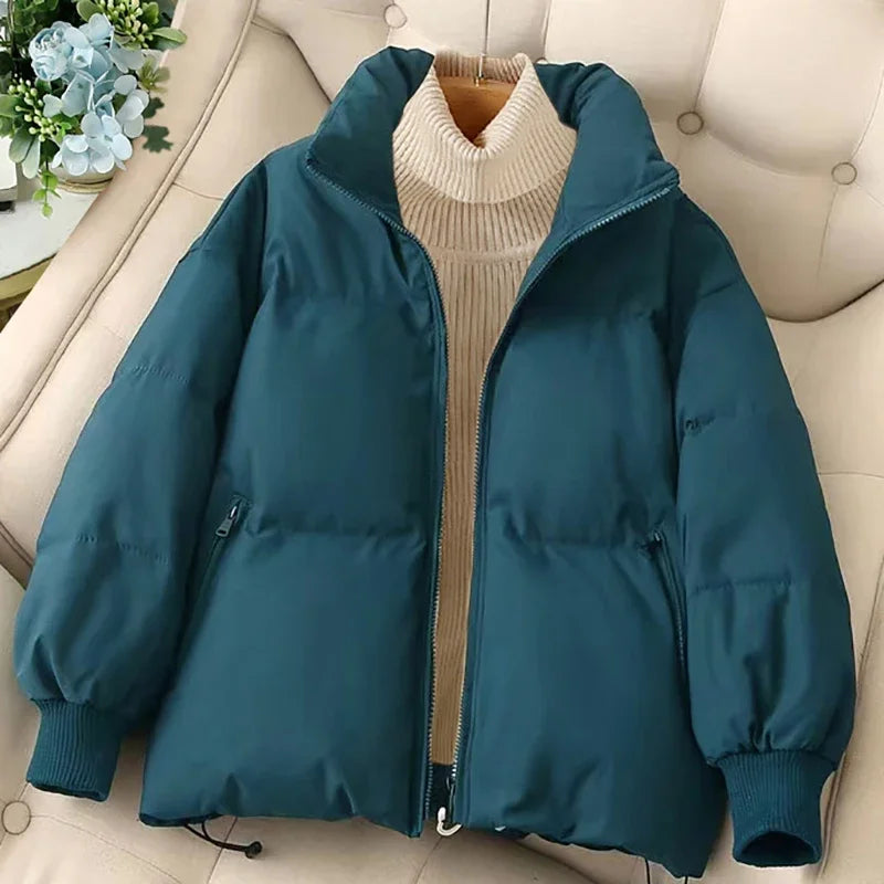 Street-Wave Winter Puffer Jacket With Zipper And Stand Collar For Women Cozy Yet Stylish Cold Weather Coat