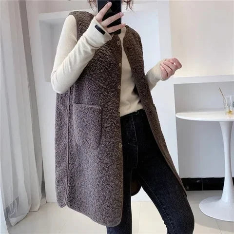 Streetwave Wool Vest With Pockets For Women Minimalist Cozy Polyester Wool Blend