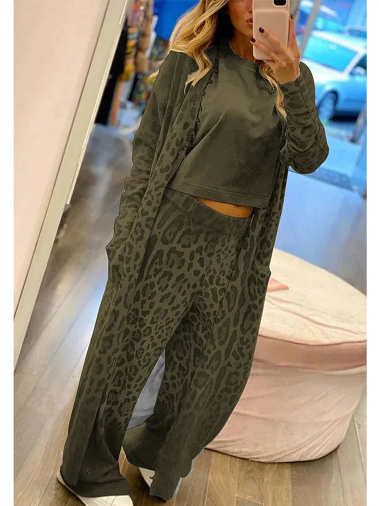 Street-Wave Leopard Print Cardigan And Wide Leg Pants Set For Women, Edgy Chic Comfort