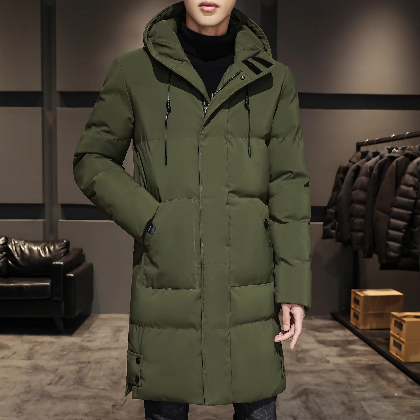Street-Wave Mens Long Cotton Padded Parka Coat Warm Lightweight Solid Color Winter Jacket