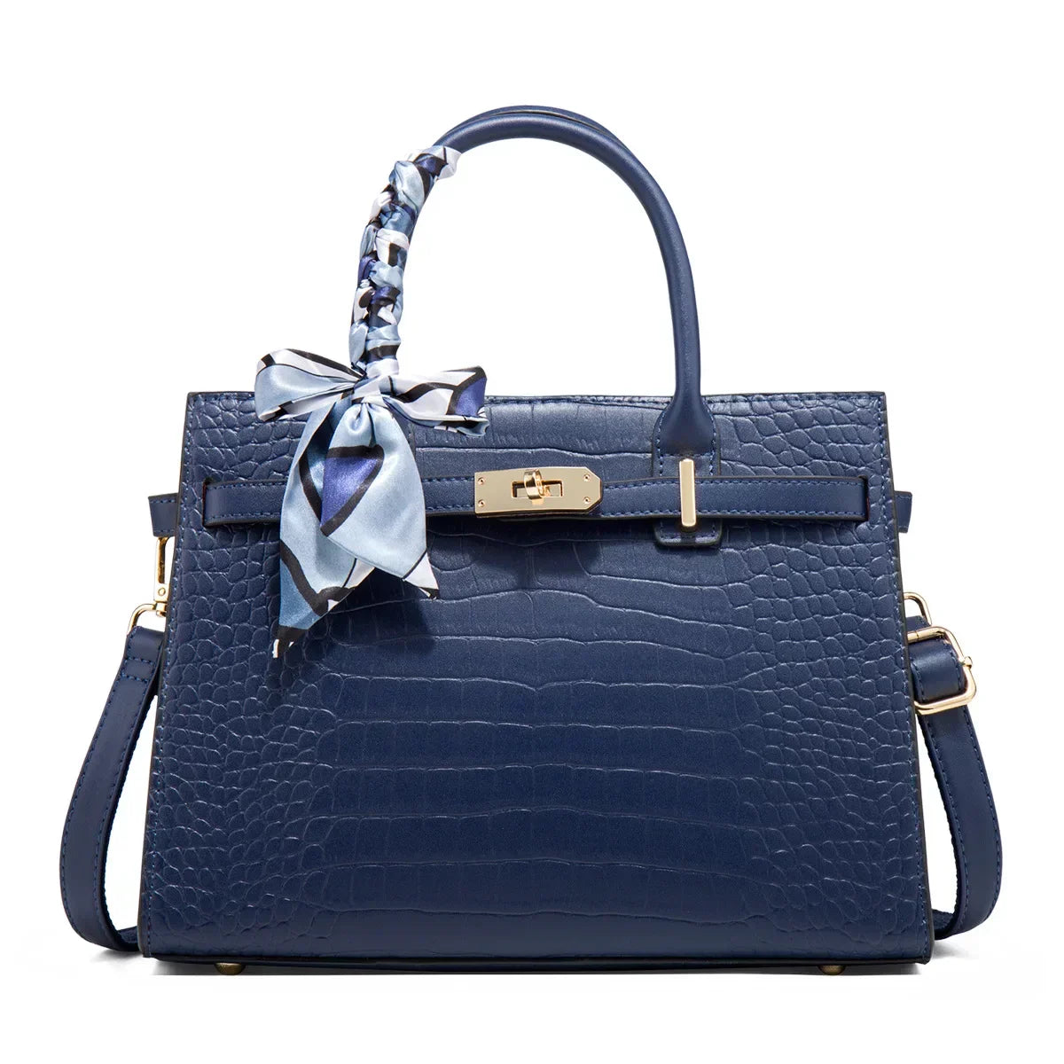 Street-Wave Guiliana Davoli Croc Bag Vegan Leather Midi Structured Handbag with Scarf Accent and Gold Buckle