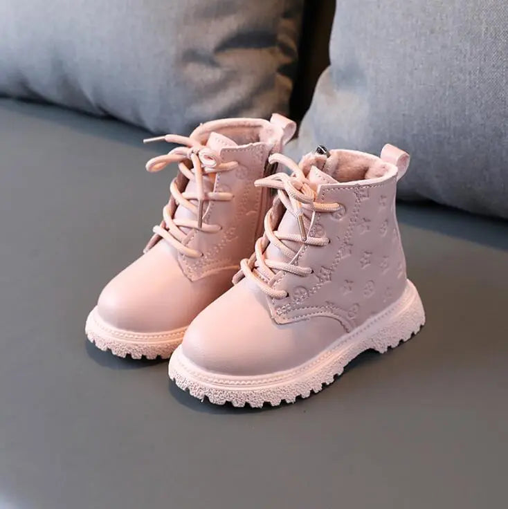 Street-wave Girls Boots With Side Zip Easy On Off Cozy Plush Lining Star Embossed Upper Kids