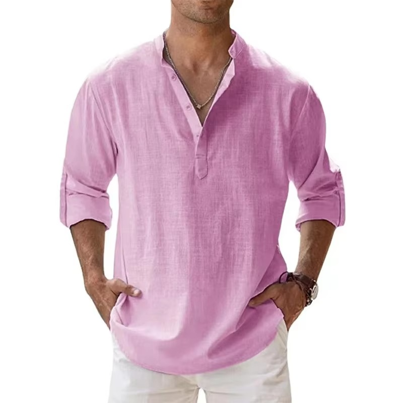 Street-Wave Lightweight Cotton Linen Henley Shirt For Men Long Sleeve Beachwear Casual Summer Essential