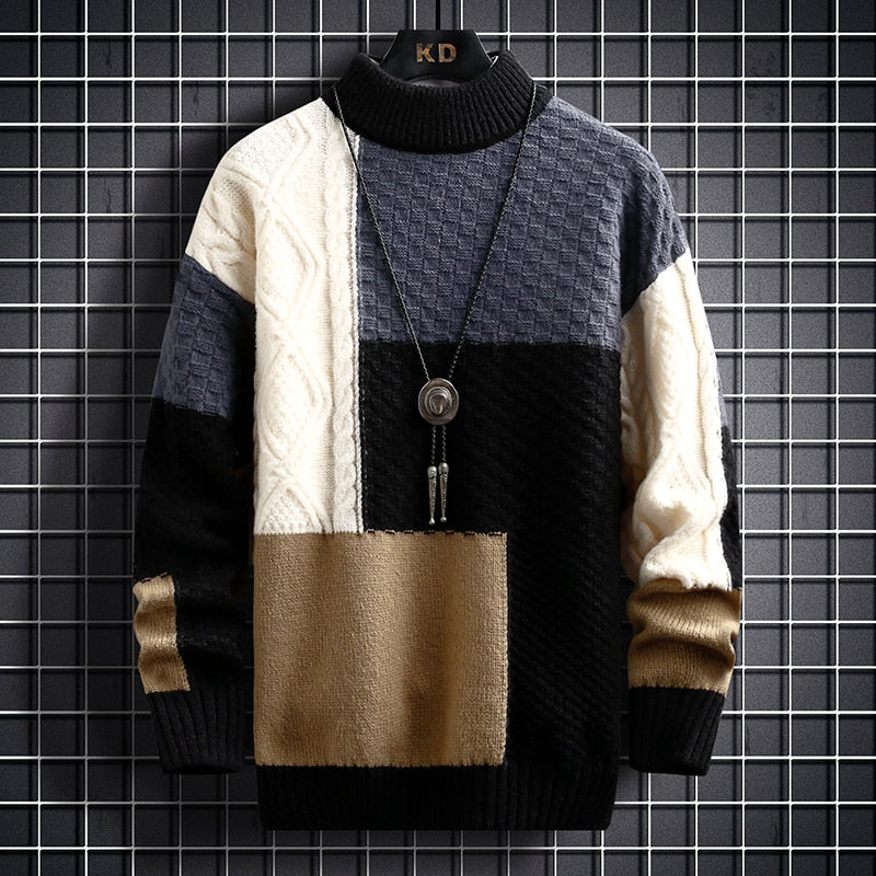 Streetwave Rupert Modern Patchwork Knit Pullover For Men Ultra Soft Relaxed Fit Warm Transitional Style